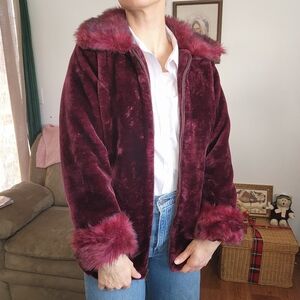 Dennis Basso Burgundy Faux Fur Zip Up Coat Size XXS